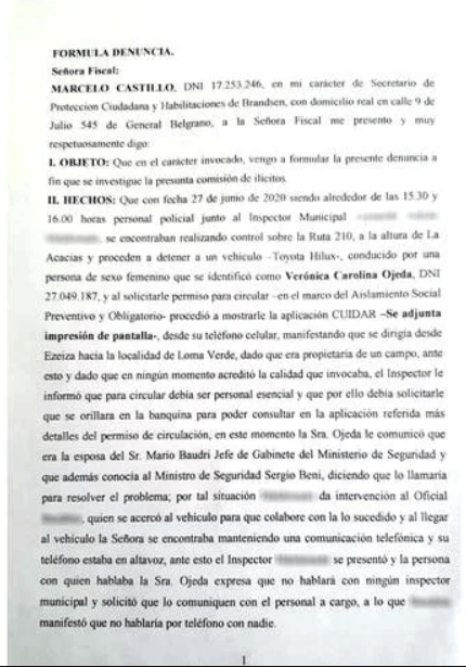 Denuncian al Jefe de Gabinete de Sergio Berni y a Verónica Ojeda por violar la cuarentena y agredir a oficiales de la Policía 3 2024