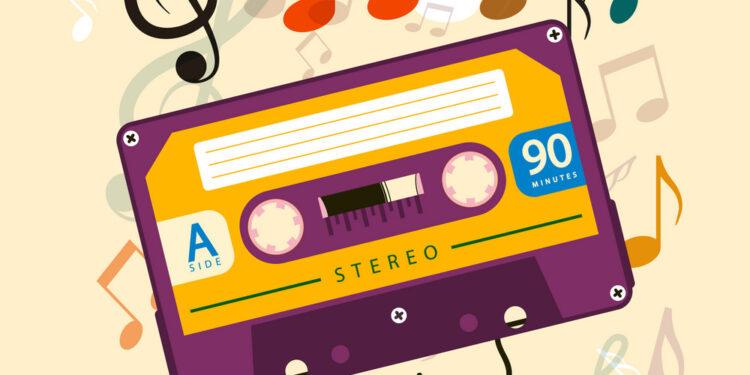 Audio Cassette Tape with Notes - Music Vector Retro Design